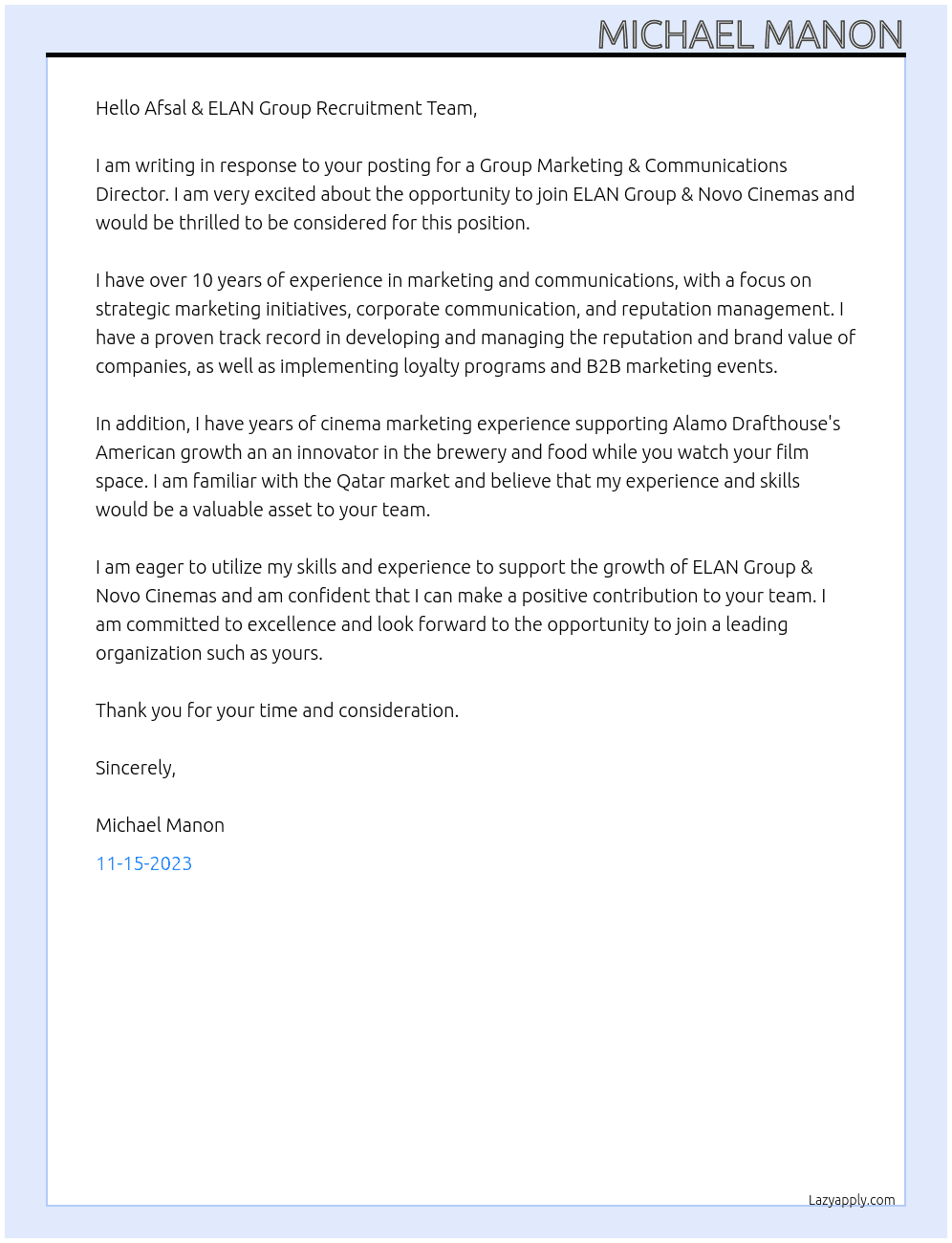 Group Marketing & Communications Director At ELAN Group & Novo Cinemas Cover Letter