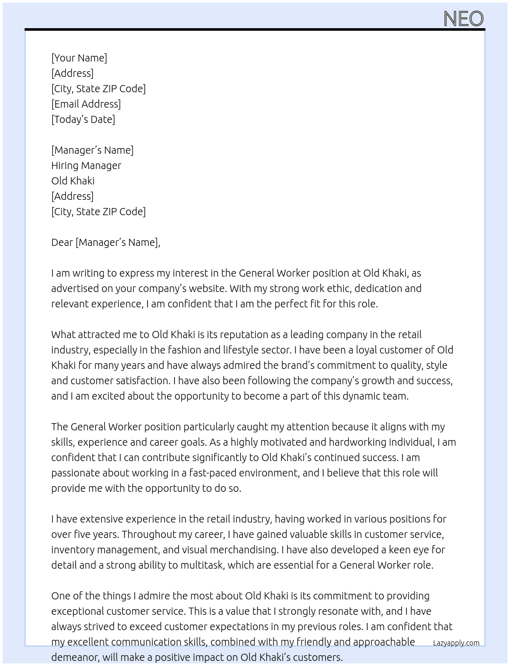General Worker At Old khaki Cover Letter