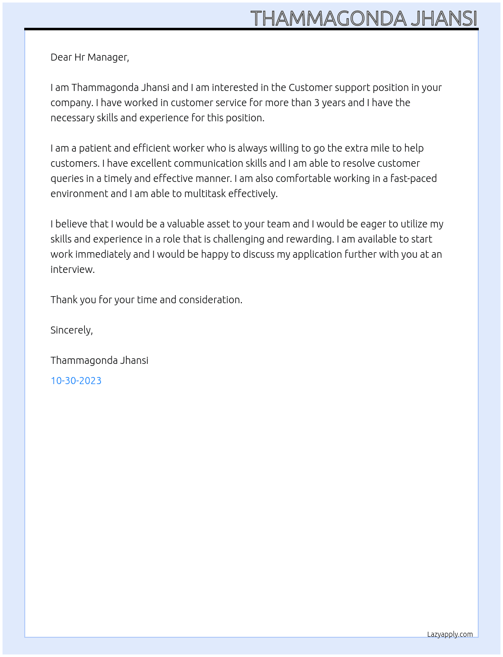 Customer support  At Phonepe Cover Letter