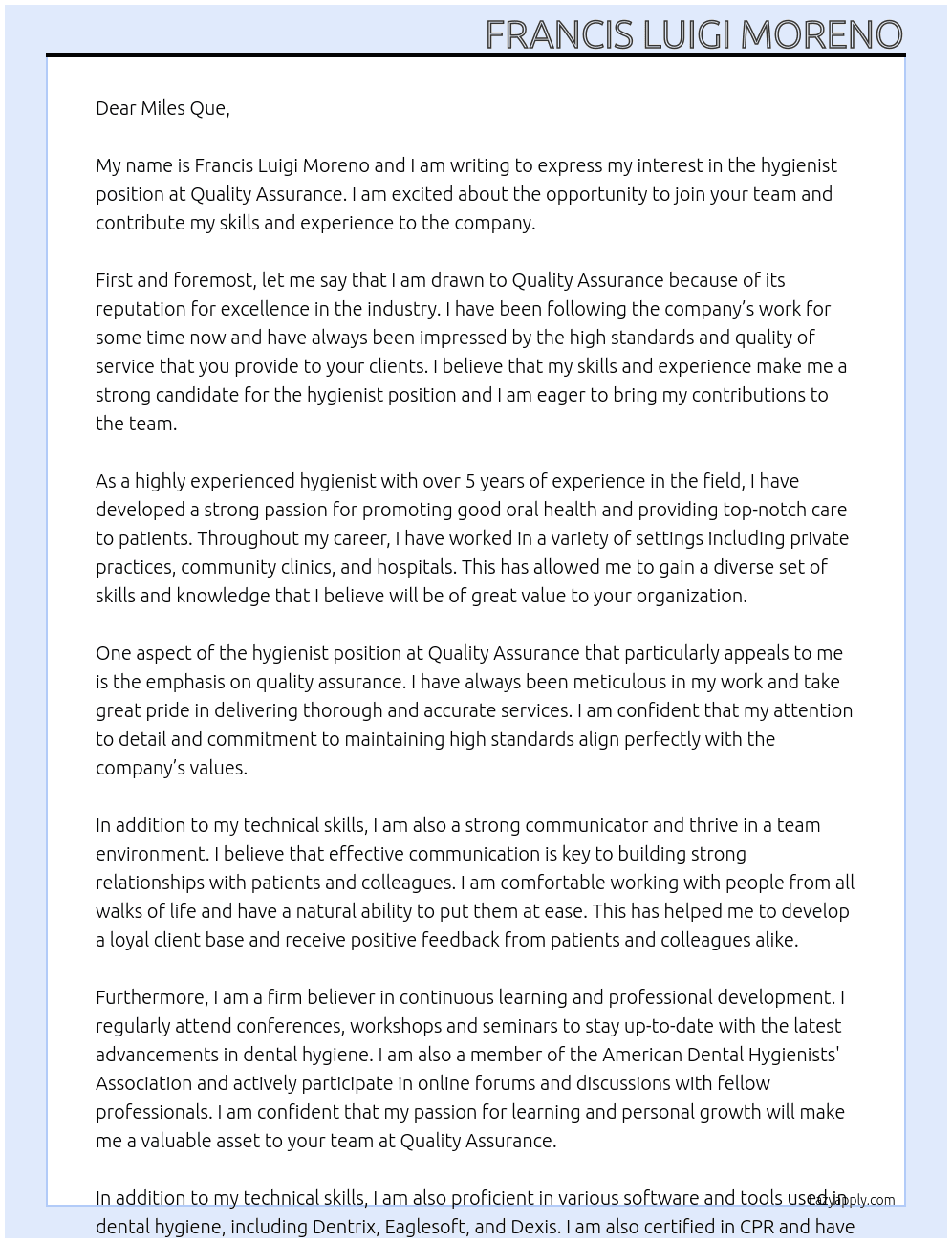 hygienist At quality assurance Cover Letter