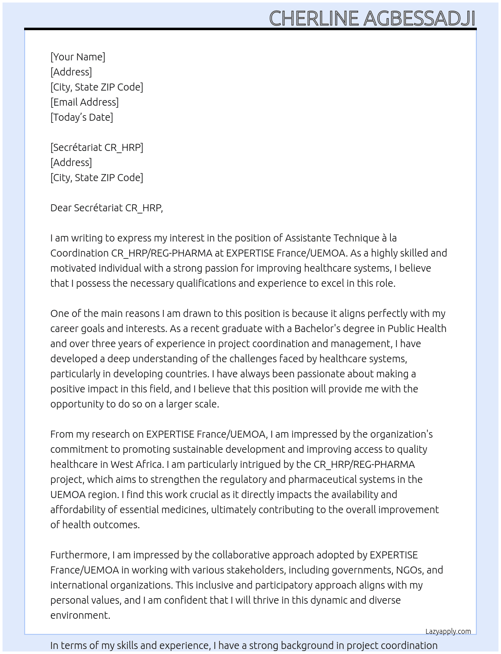 assistante technique à la coordination CR_HRP/REG-PHARMA At EXPERTISE France/UEMOA Cover Letter