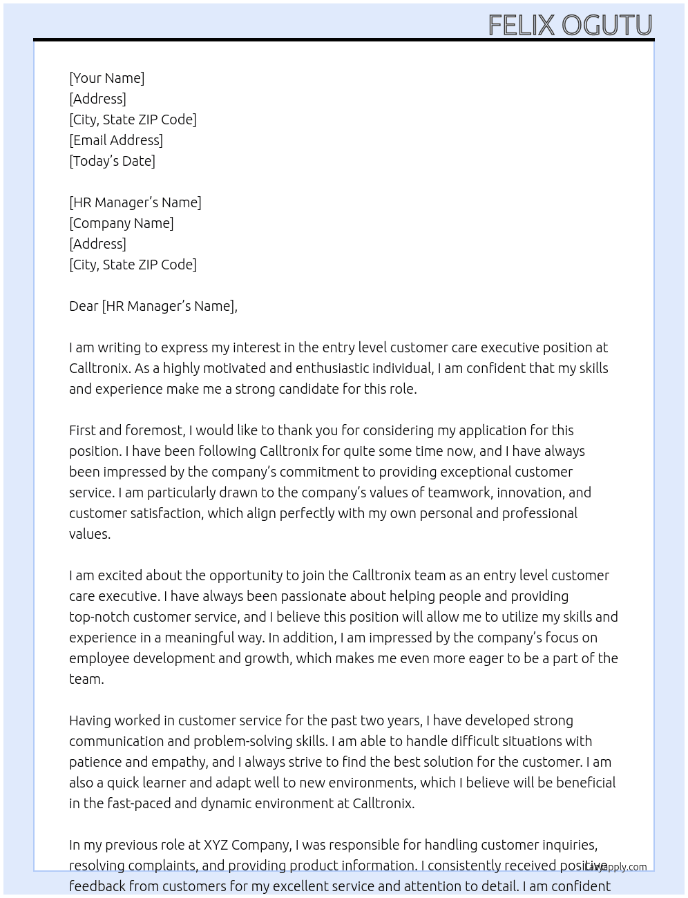 entry level customer care executive At Calltronix Cover Letter
