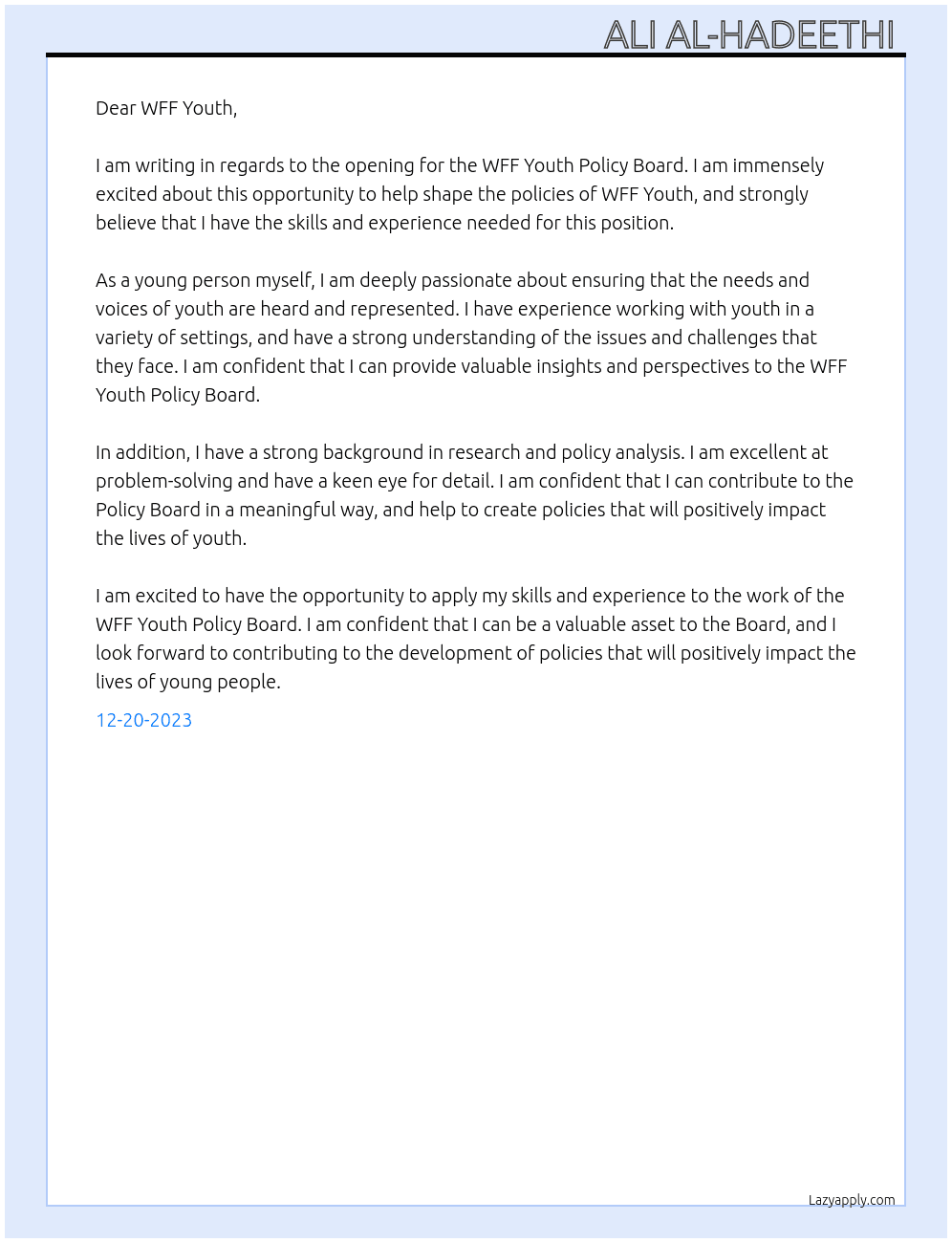 WFF Youth Policy Board  At WFF Youth  Cover Letter