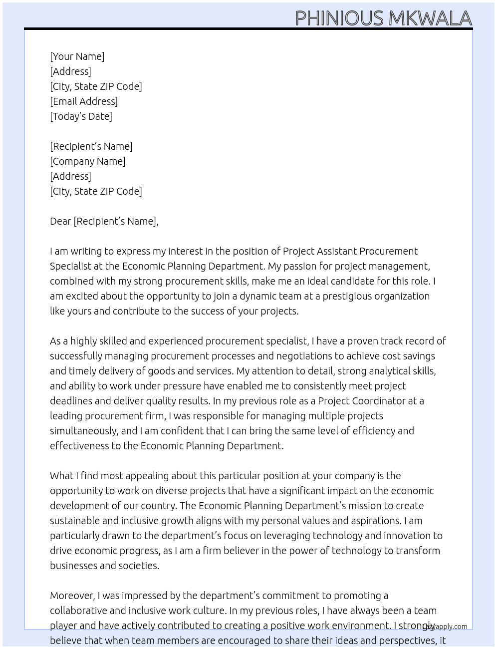 Project Assistant Procurement Specialist  At ecpnomic planning department Cover Letter