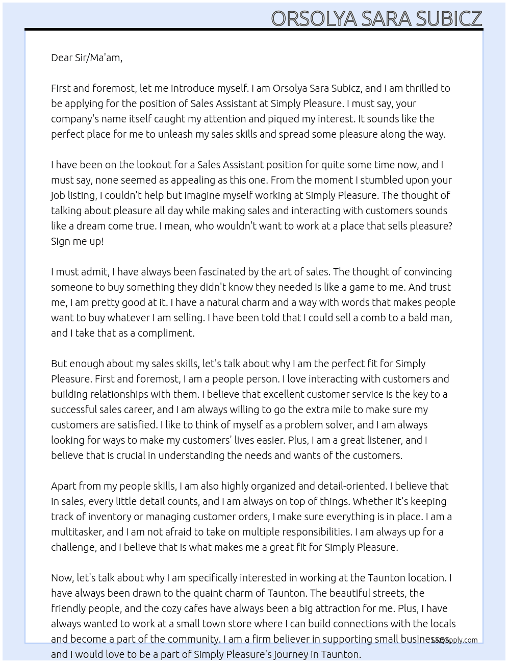 Sales Assistant At Simply Pleasure Cover Letter