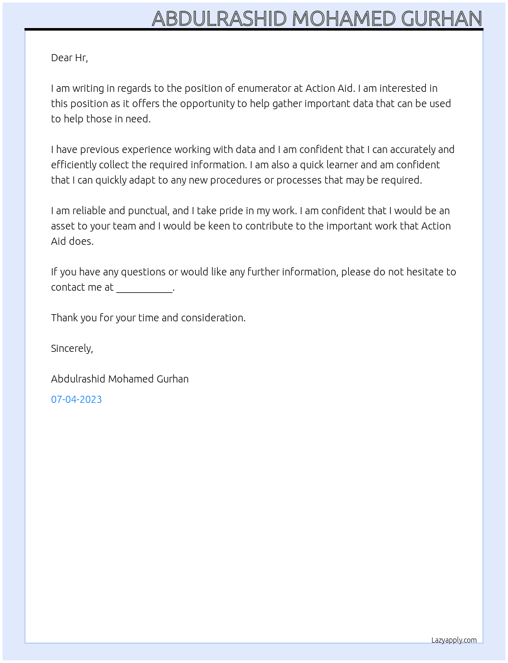 Enumerator At Action aid Cover Letter