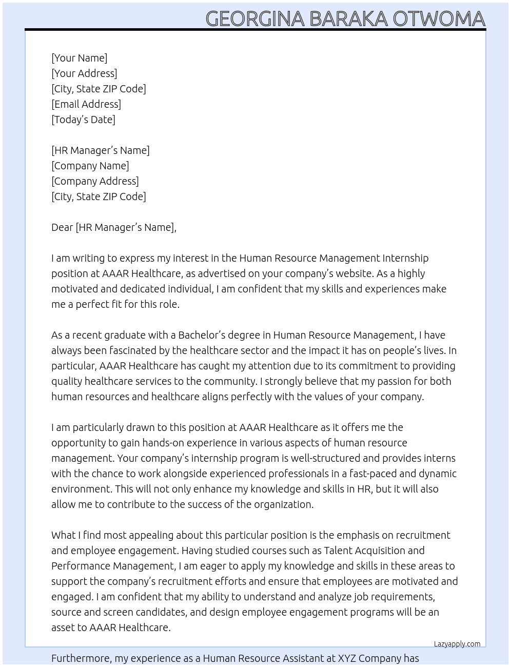 human resource management internship At AAAR Healthcare Cover Letter