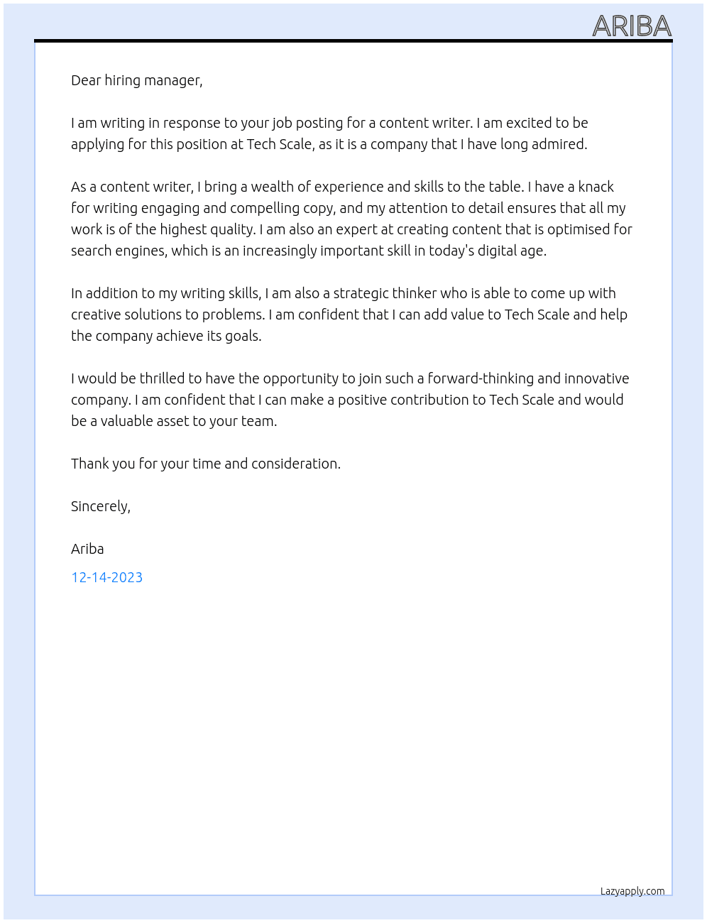 content writer At tech scale Cover Letter