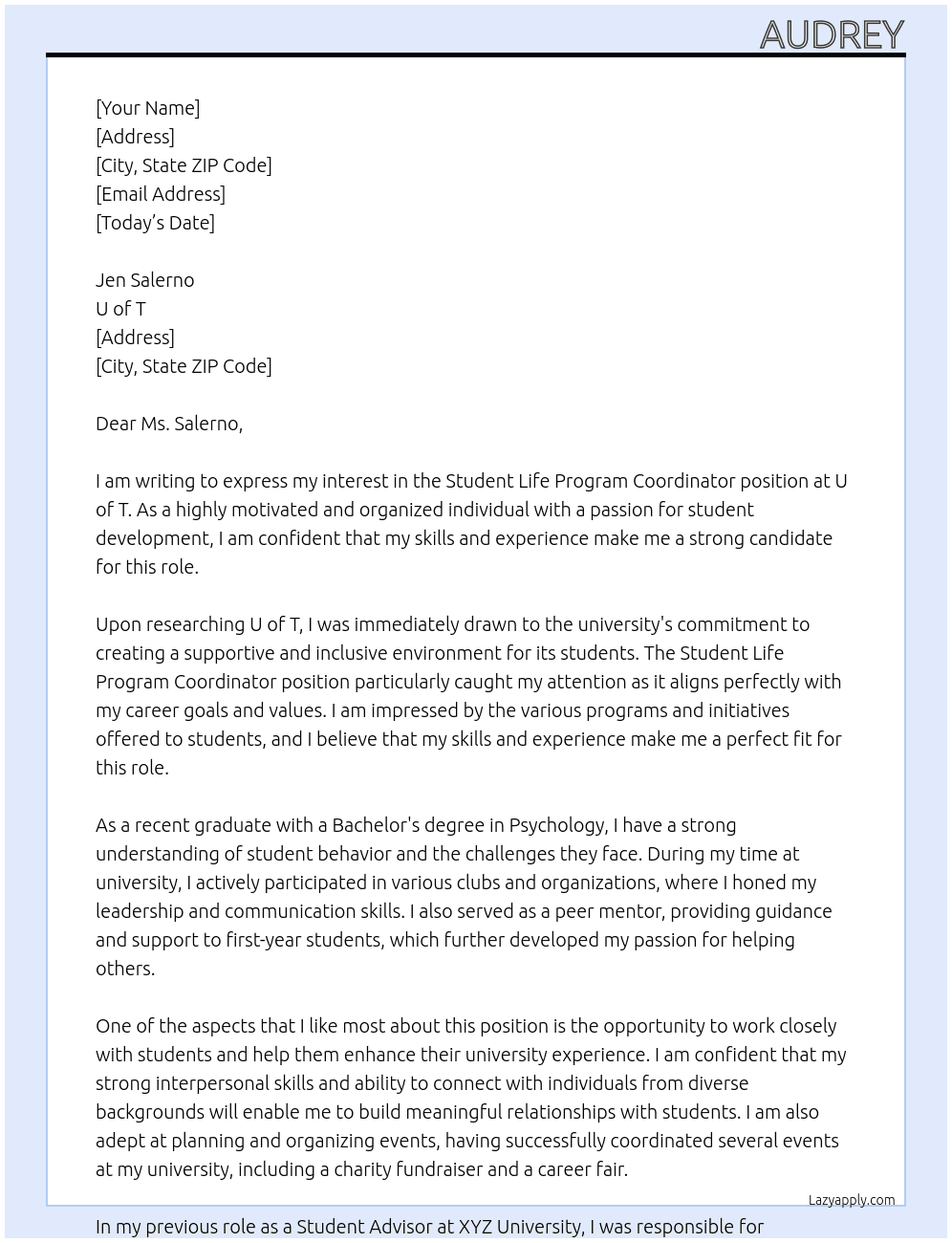 student life program coordinator  At u of t Cover Letter