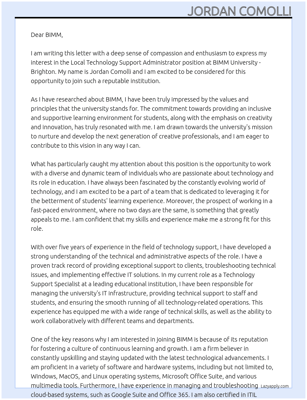 Local Technology Support Administrator At BIMM University - Brighton Cover Letter