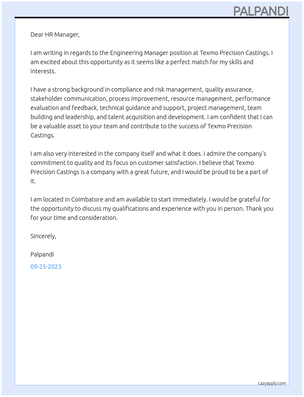 Engineering Manager At Texmo Precision Castings Cover Letter