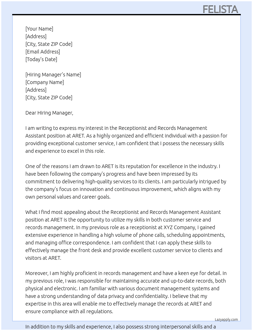 Receptionist and records management assistant At ARET Cover Letter