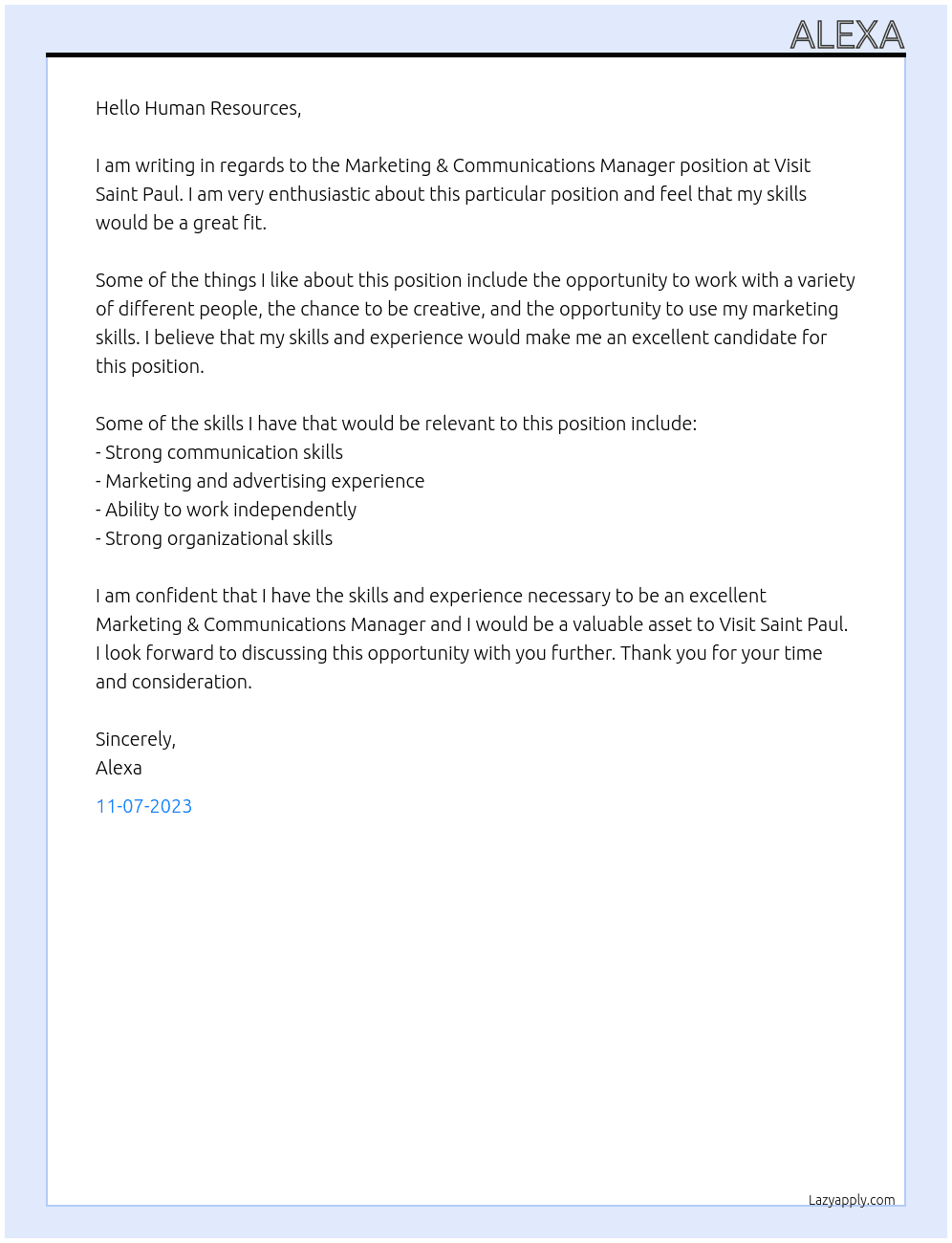 Marketing & Communications Manager At Visit Saint Paul Cover Letter