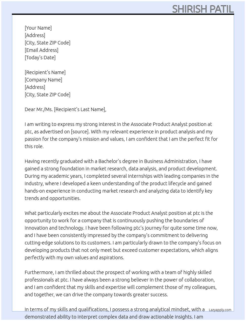 Associate Product Analyst At ptc Cover Letter