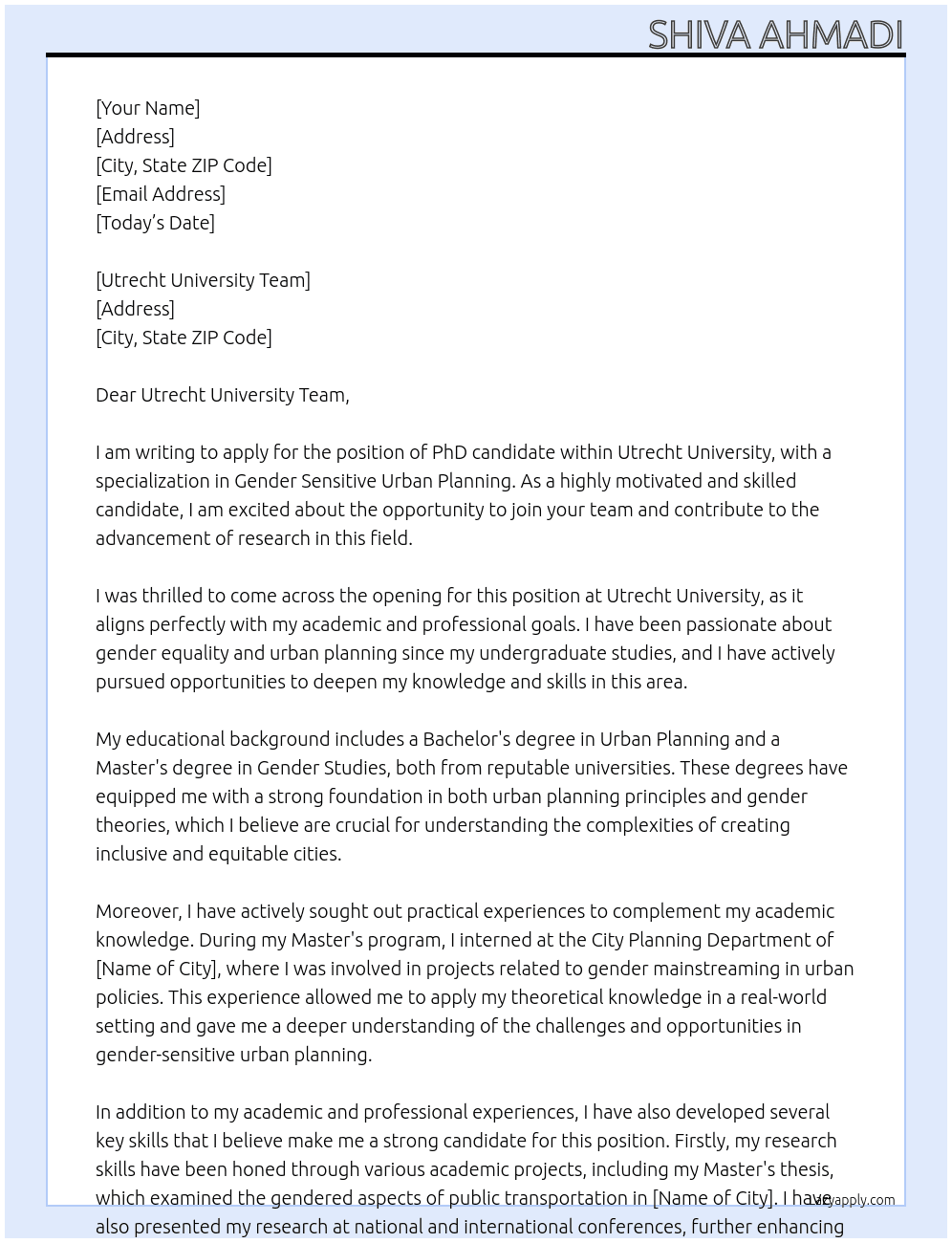 PhD candidate At Utrecht University Cover Letter