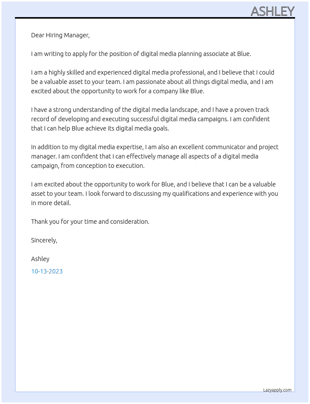 digital media planning associate At blue Cover Letter