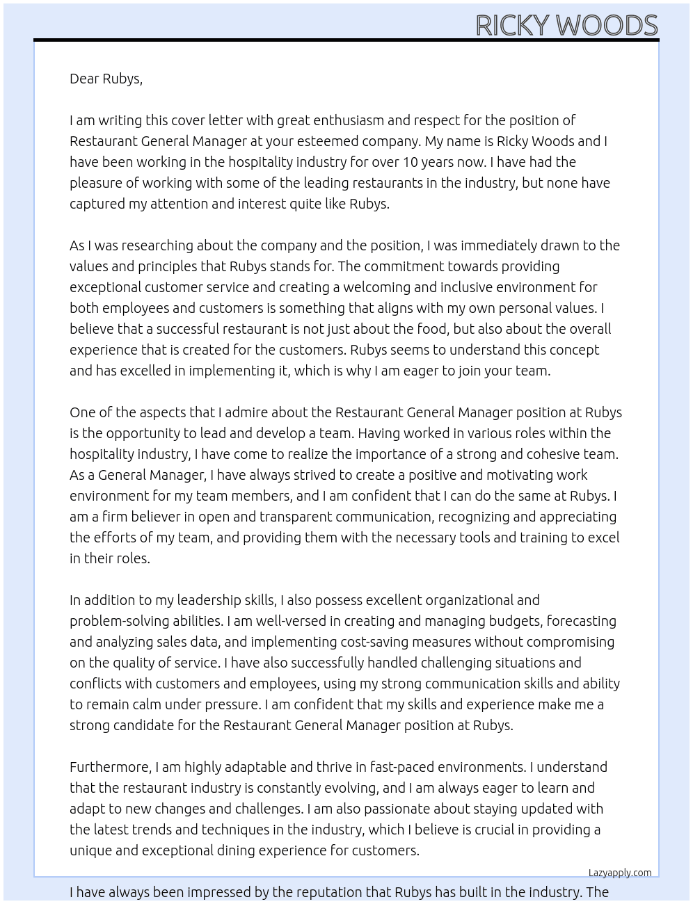 Restaurant General Manager At Rubys Cover Letter
