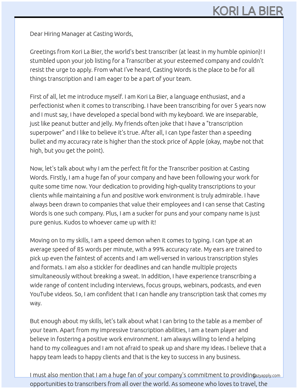 Transcriber At Casting Words Cover Letter