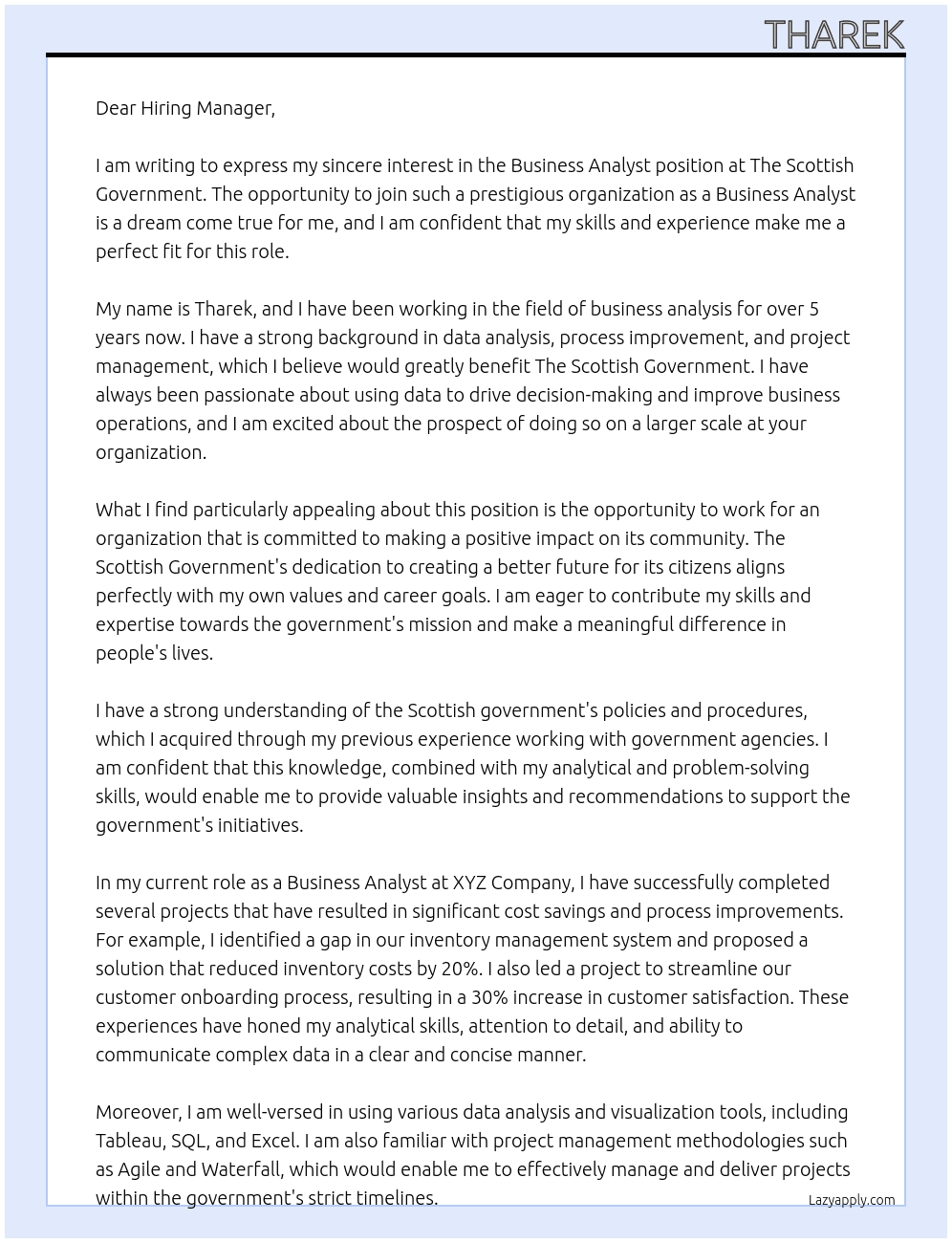 Business Analyst  At The Scottish Government  Cover Letter