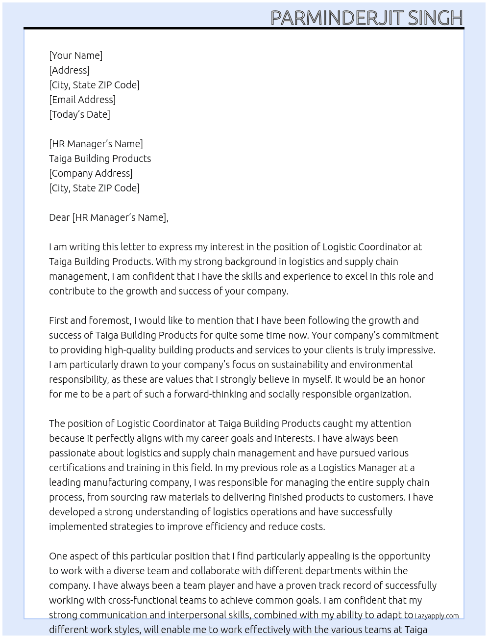 Logistic Coordinator At Taiga Building Products Cover Letter