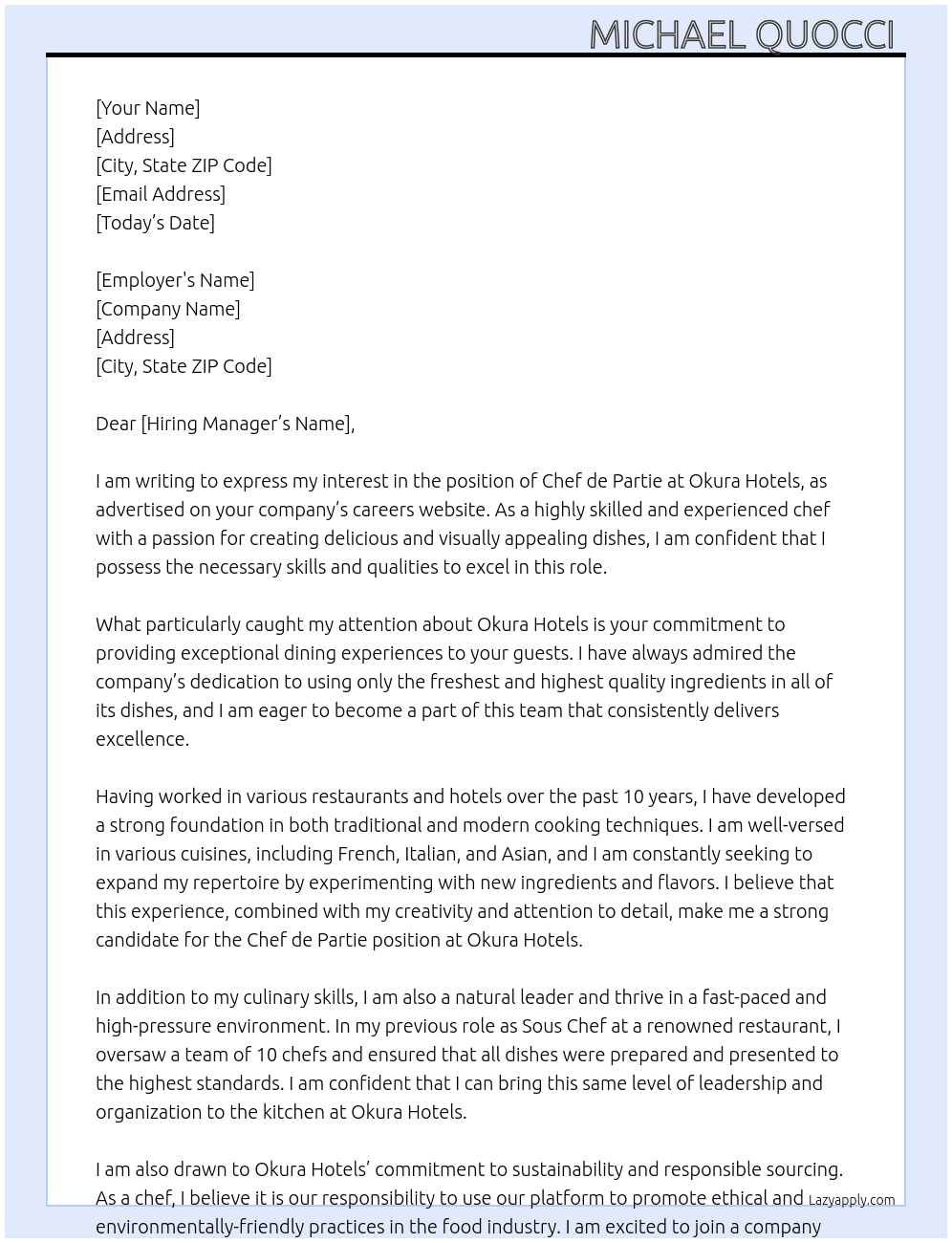 Chef de partie At Okura Hotels Cover Letter