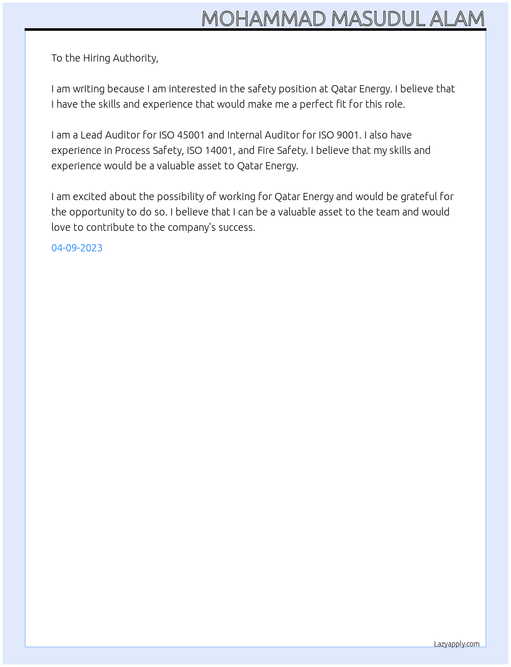 safety At Qatar Energy Cover Letter