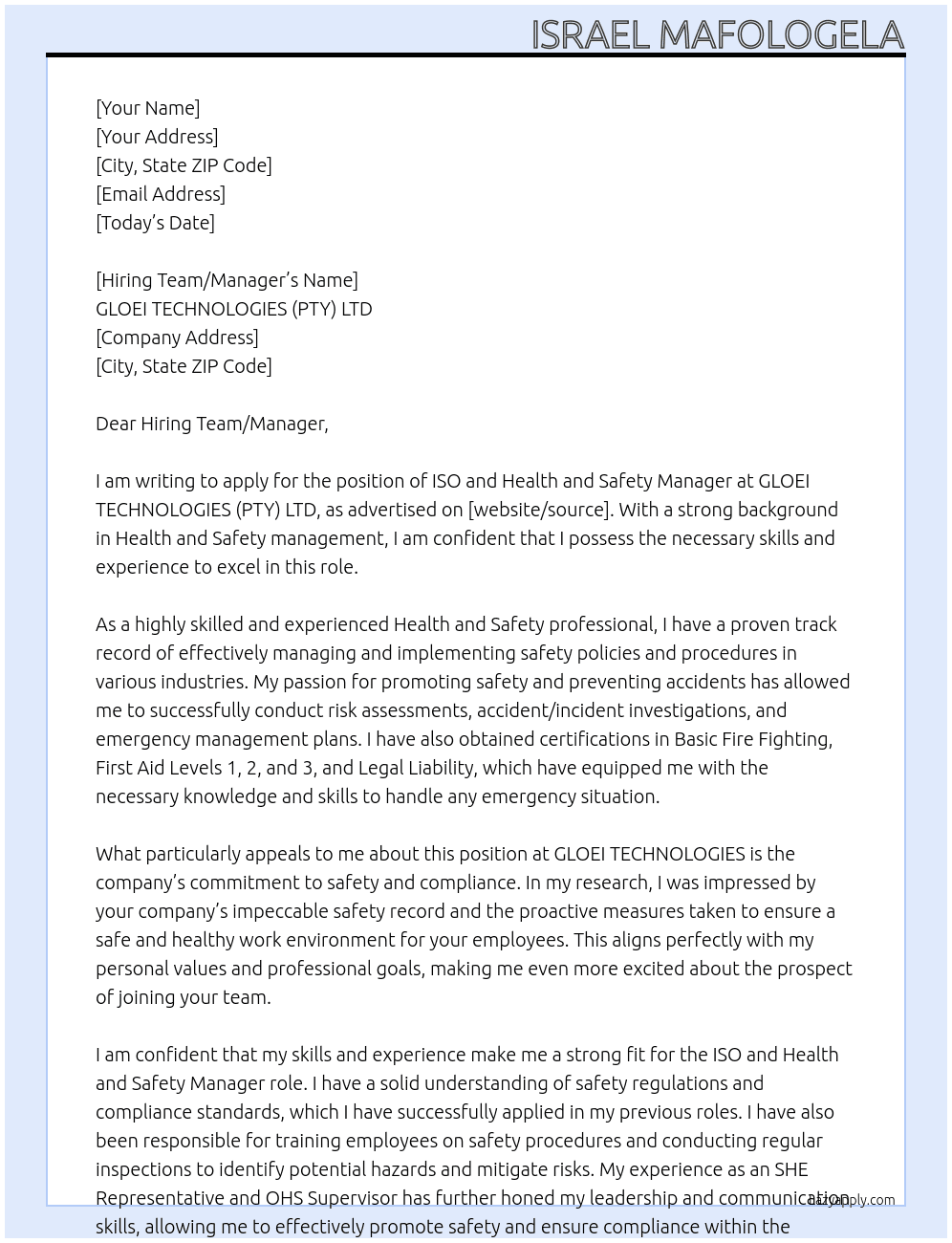 Cover letter for iso and health and safety manager - LazyApply