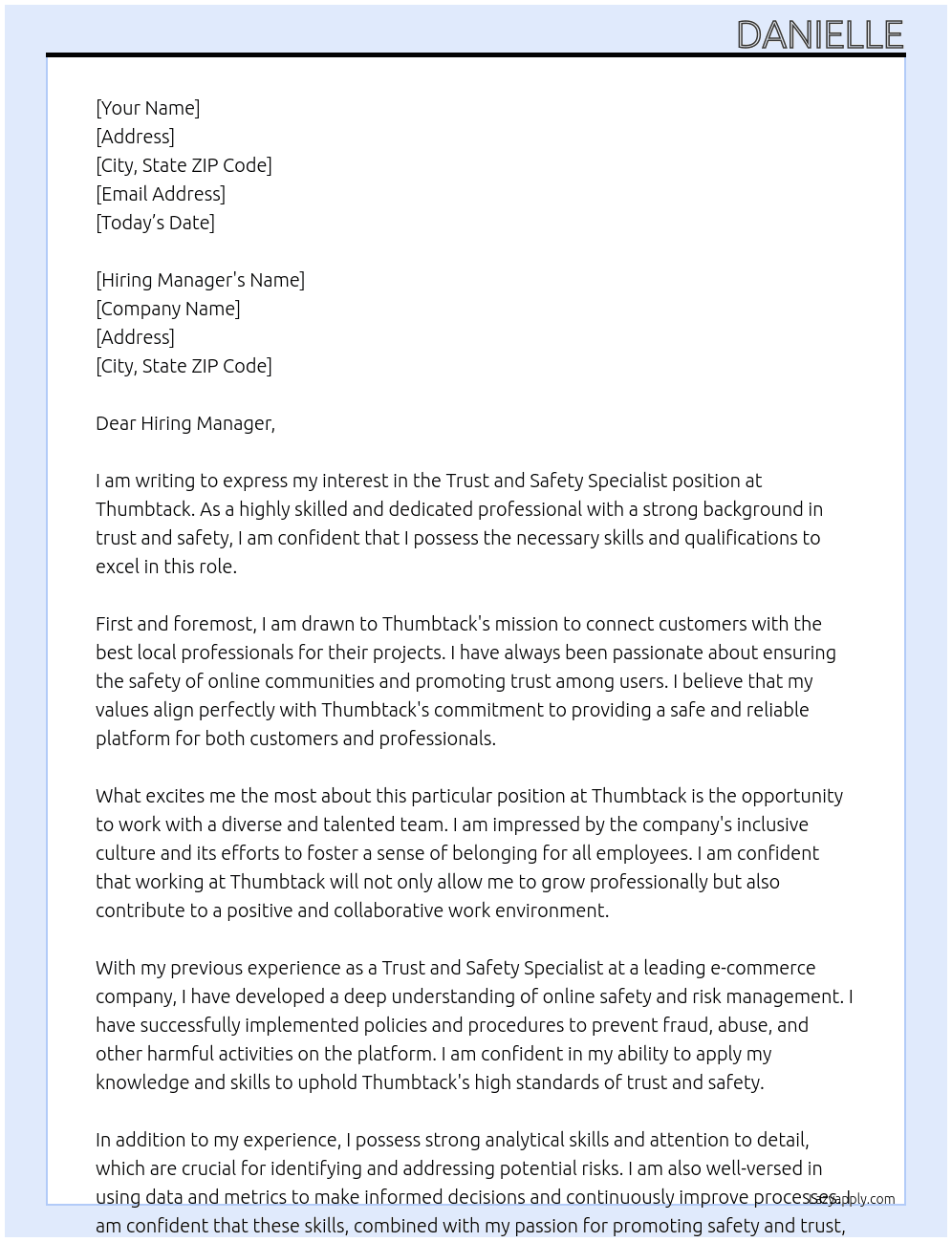 Trust and Safety Specialist At Thumbtack Cover Letter