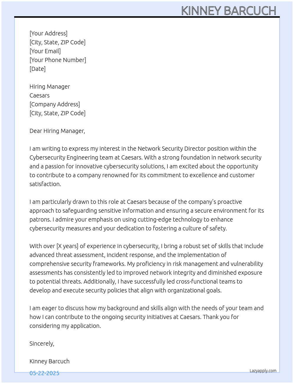 Network Security Director, Cybersecurity Emgineering At Caesars Cover Letter