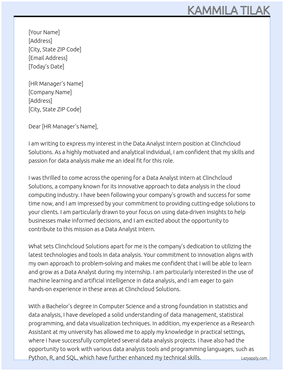 Data Analyst Intern At clinchcloud solutions Cover Letter