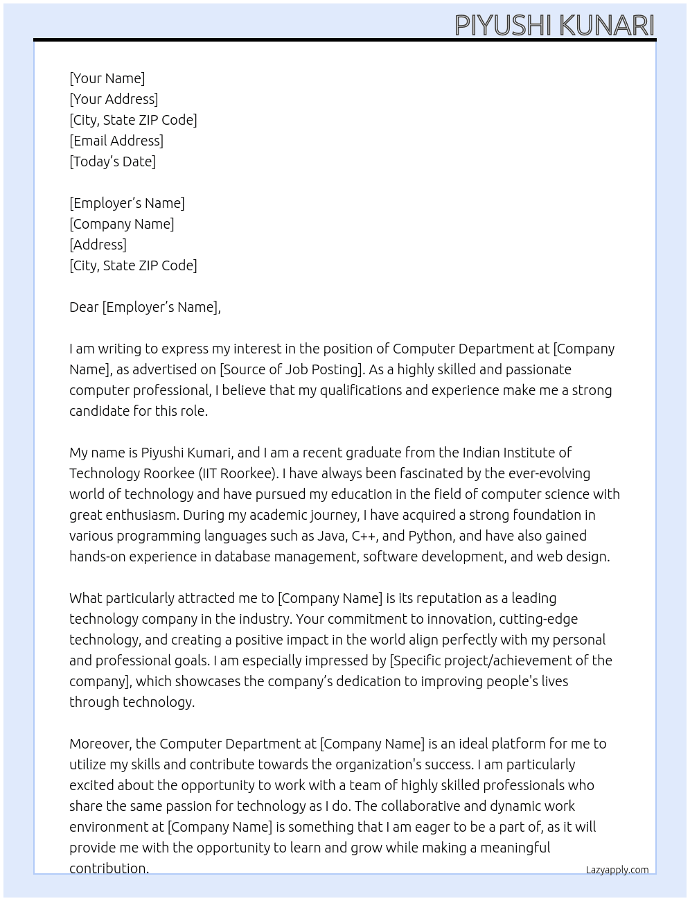 Computer Department  At IIT Roorkee  Cover Letter