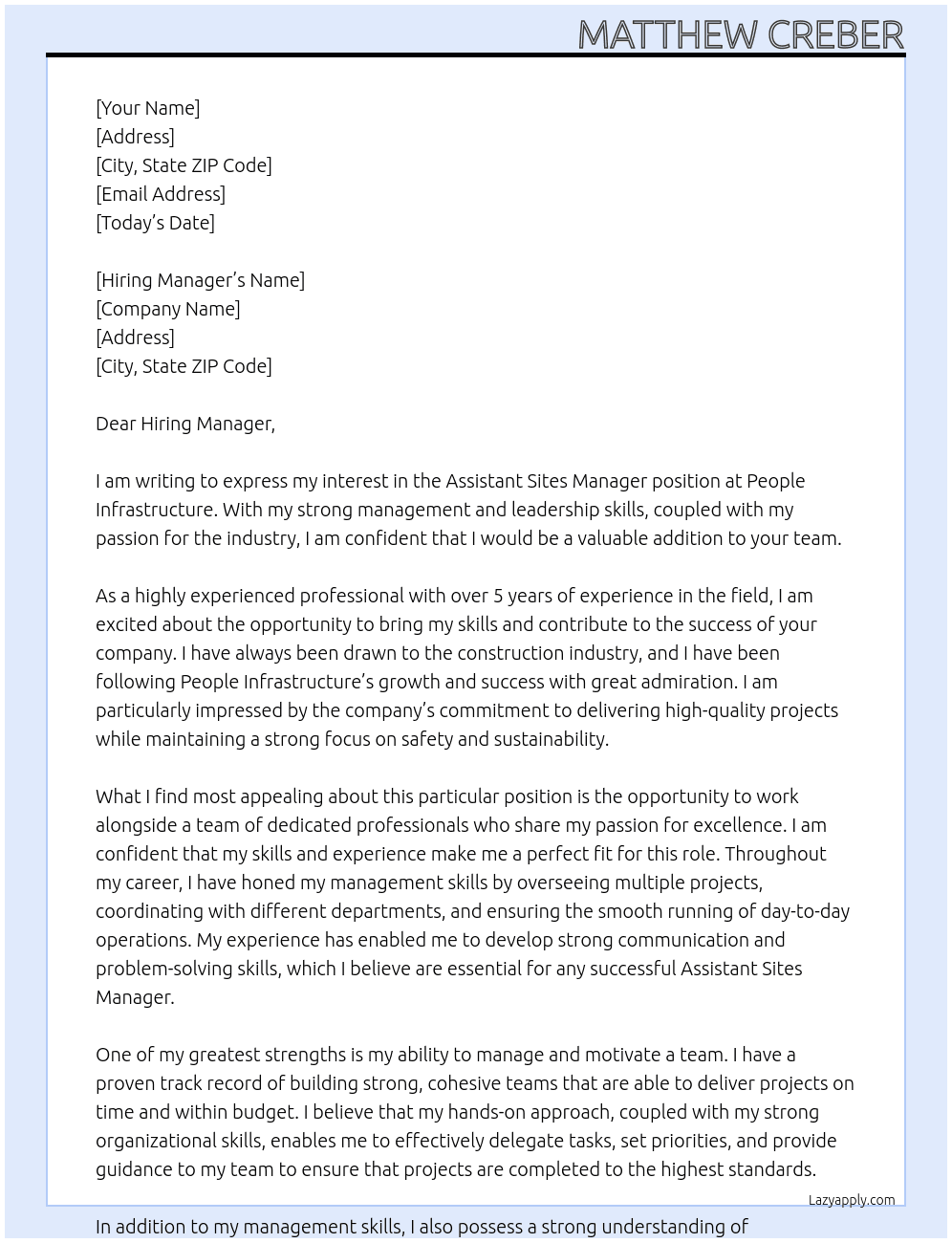 Assistant sites manager  At People inferstructure Cover Letter