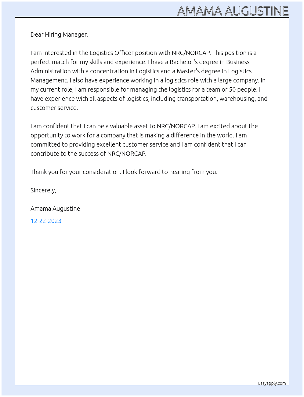 Logistics Officer At NRC/NORCAP Cover Letter