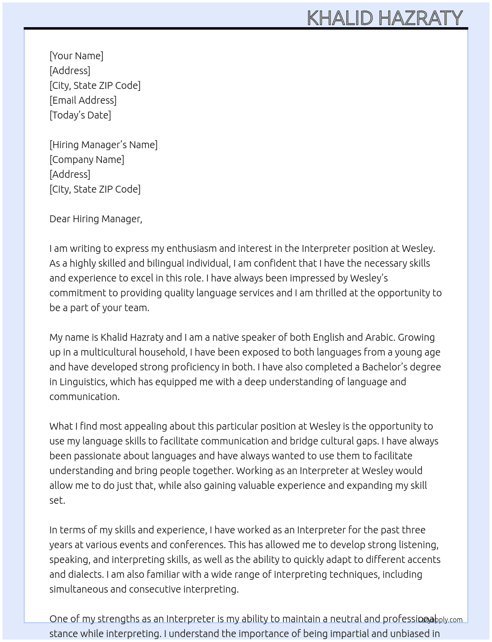 Interpreter At Wesley  Cover Letter
