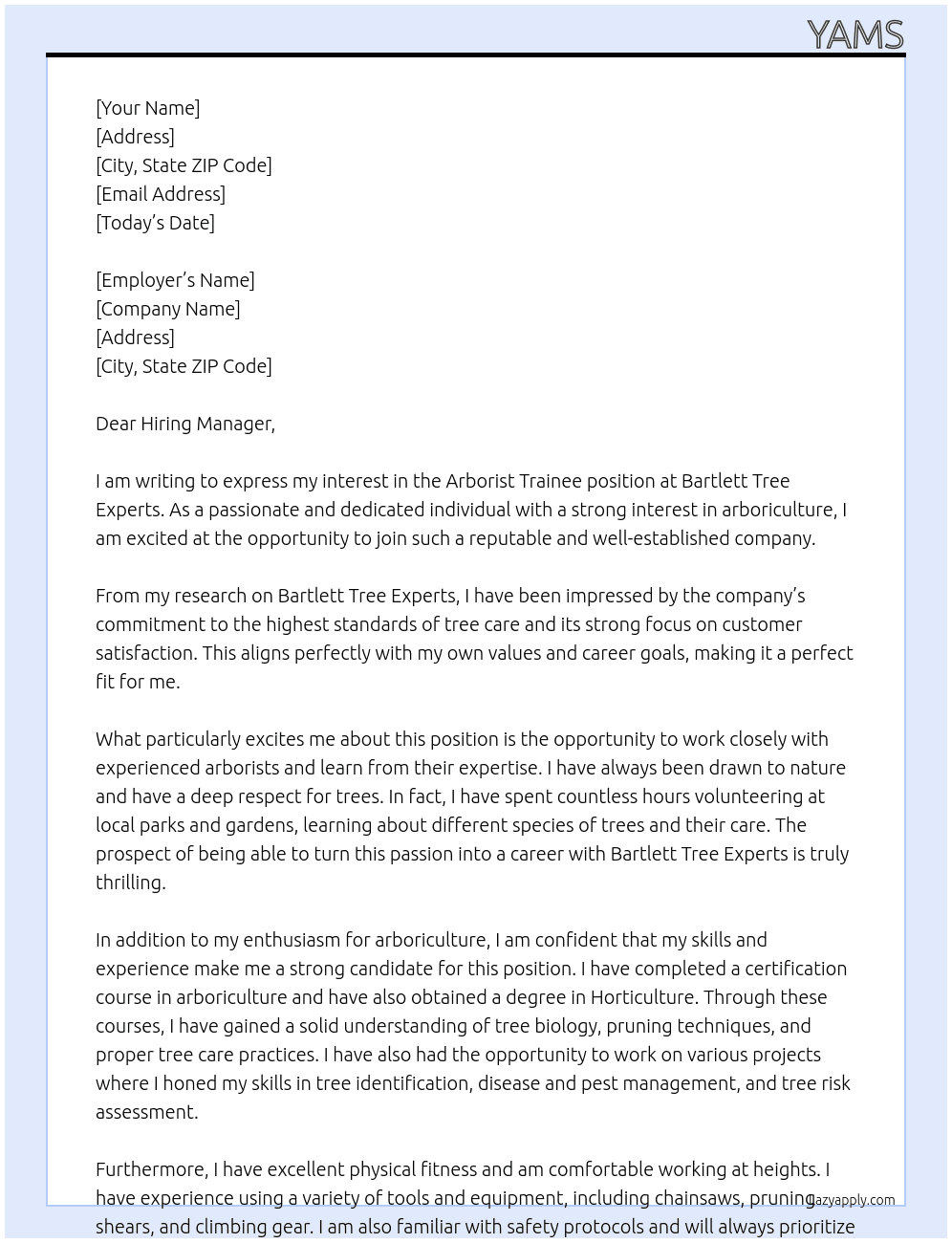 arborist trainee At barlett tree experts Cover Letter