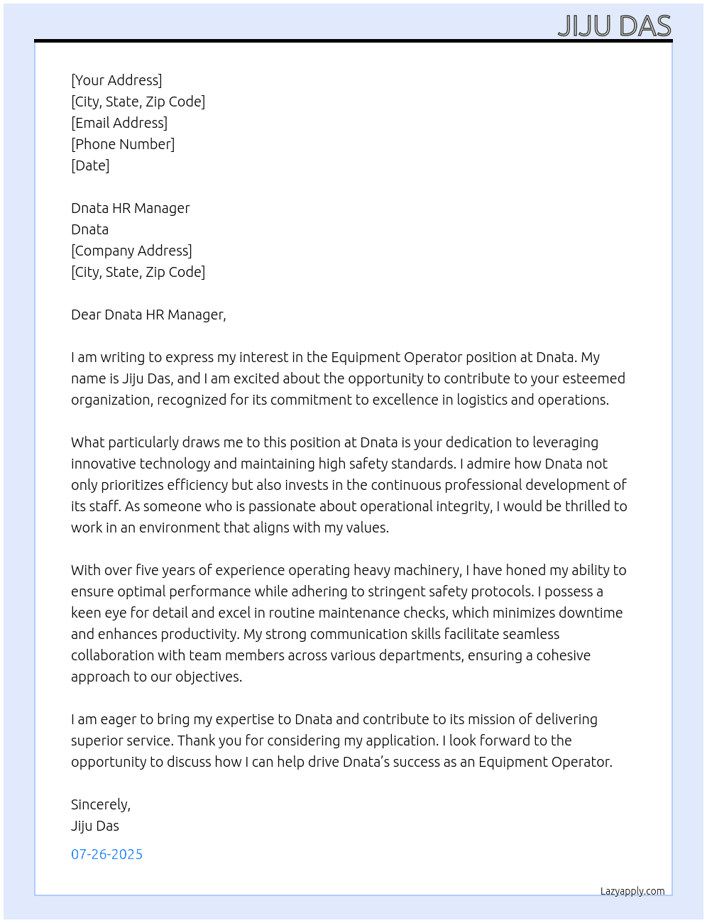Equipment Operator  At Dnata  Cover Letter
