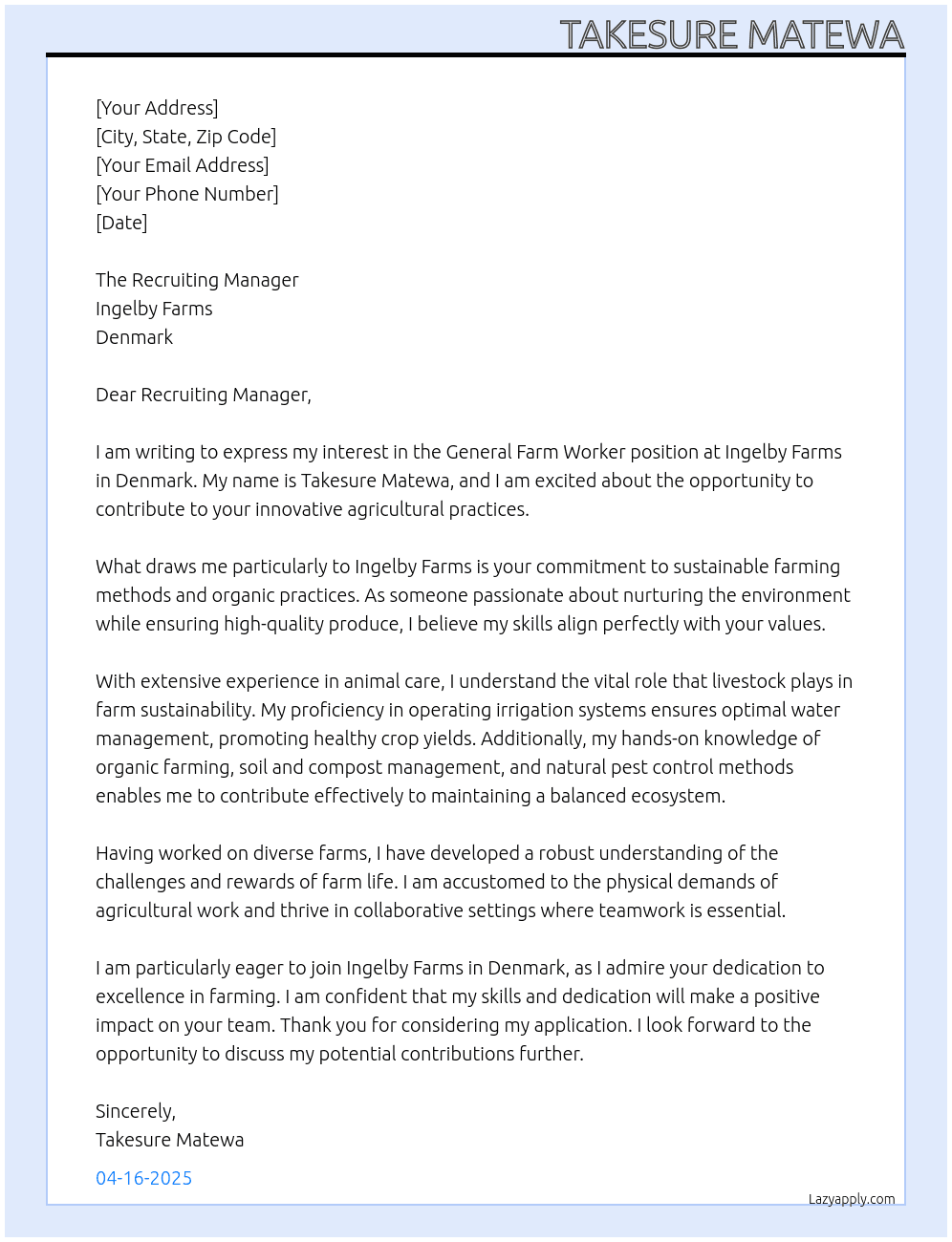 General Farm Worker At ingelby farms,Denmark  Cover Letter