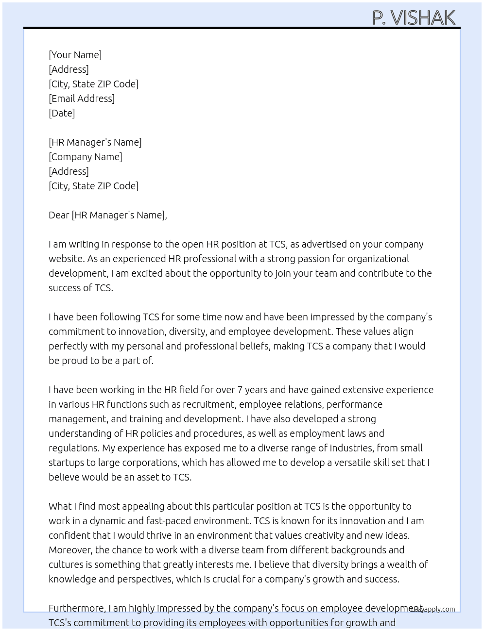  HR At TCS Cover Letter