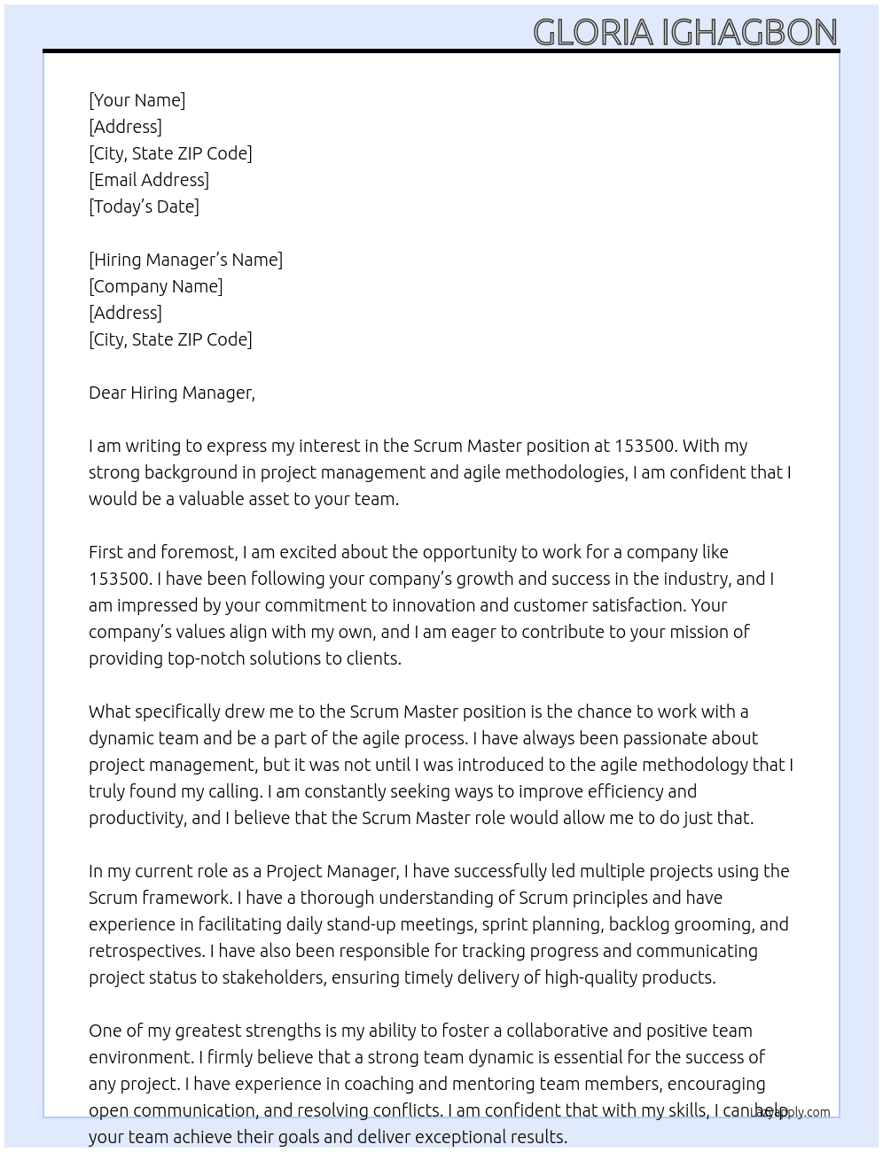 Scrum master At 153500 Cover Letter
