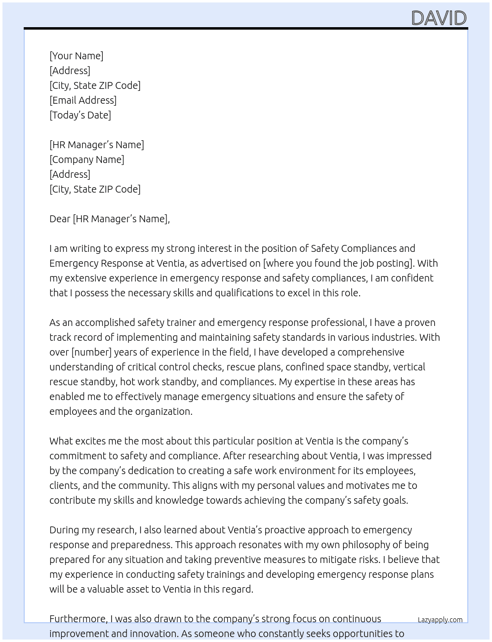 Safety compliances and emergency response At Ventia  Cover Letter
