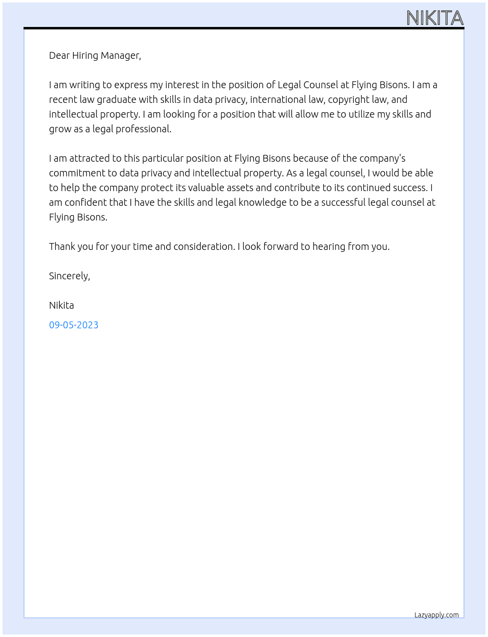 Legal counsel At Flying Bisons Cover Letter