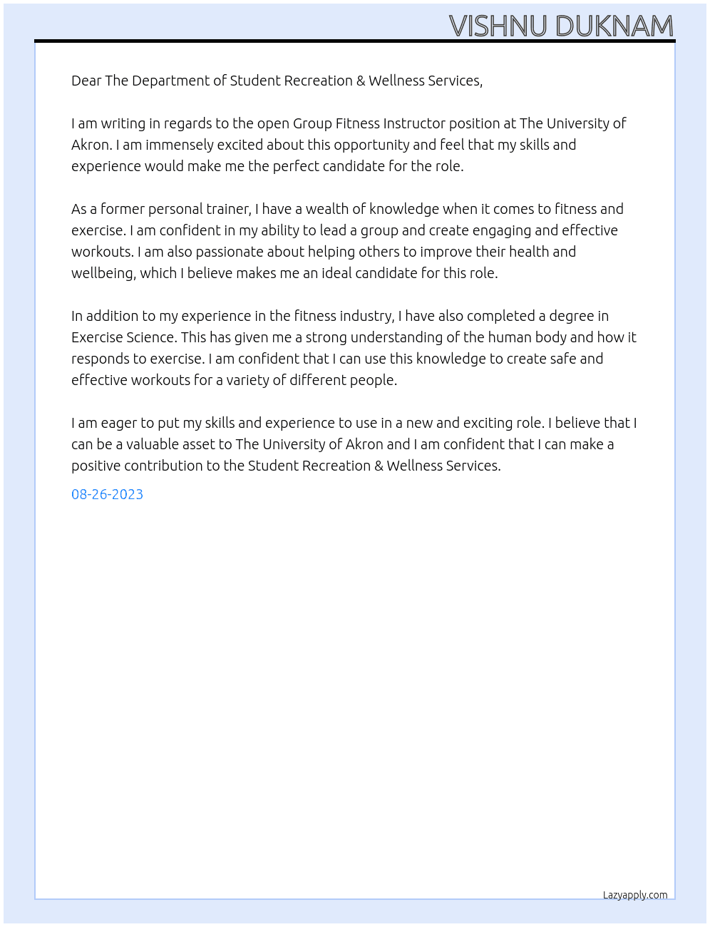 Group fitness instructer  At The university of Akron  Cover Letter