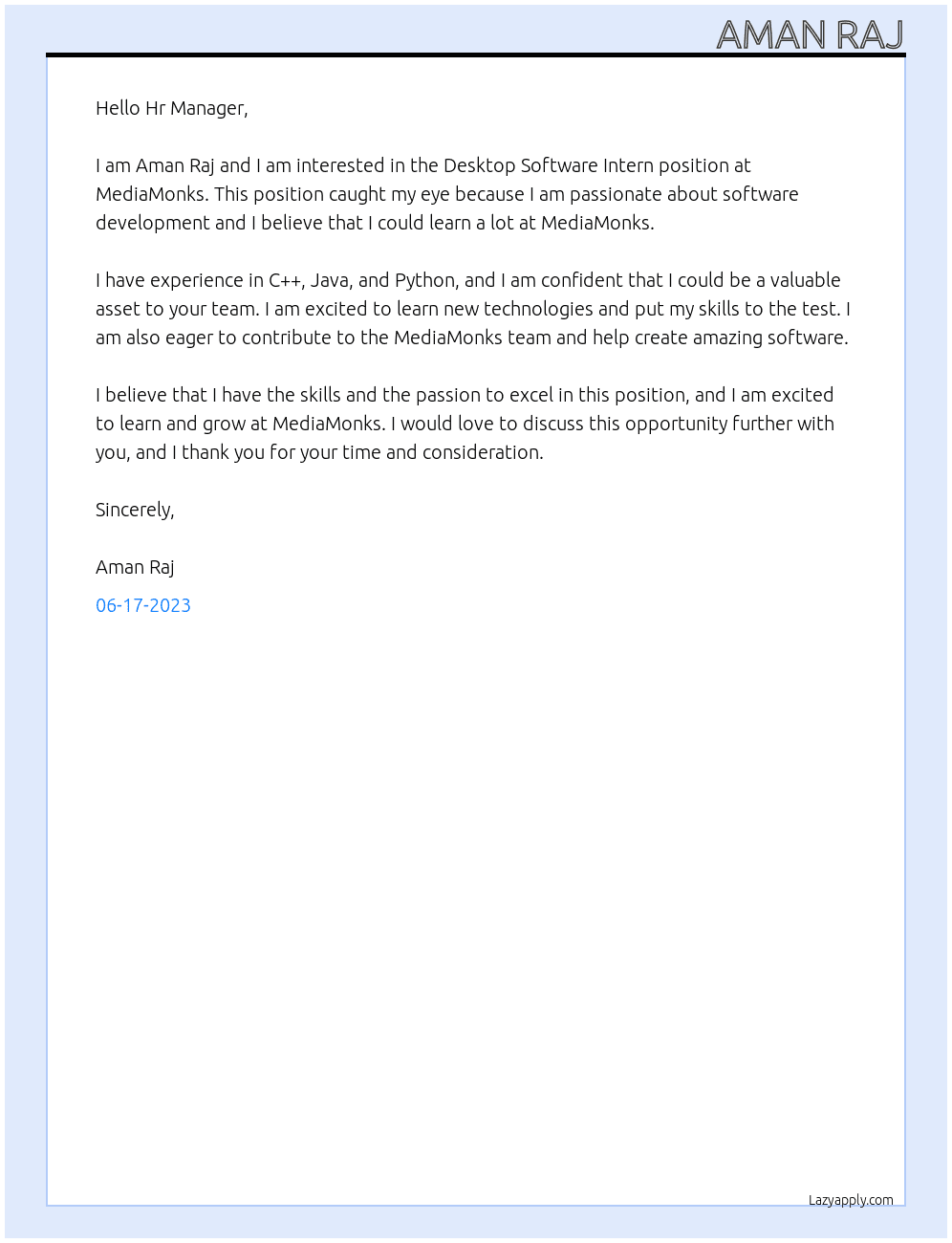Desktop Software Intern At MediaMonks Cover Letter