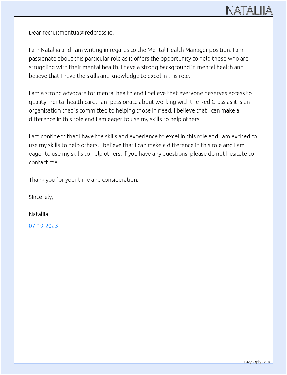 Mental Helth Manager At red cross Cover Letter