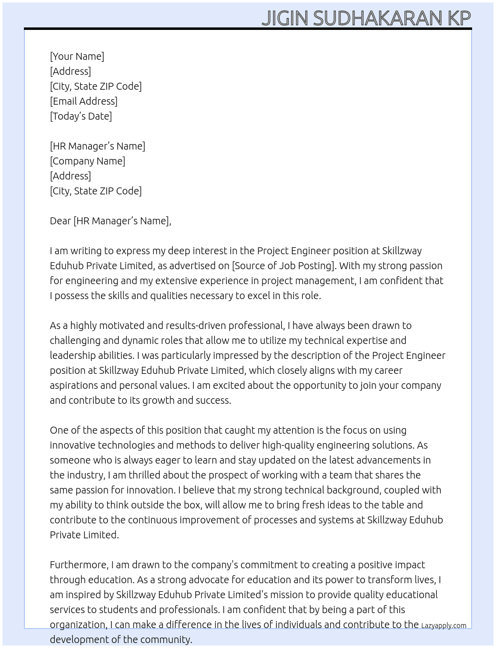 Project Engineer At Skillzway Eduhub Private Limited Cover Letter