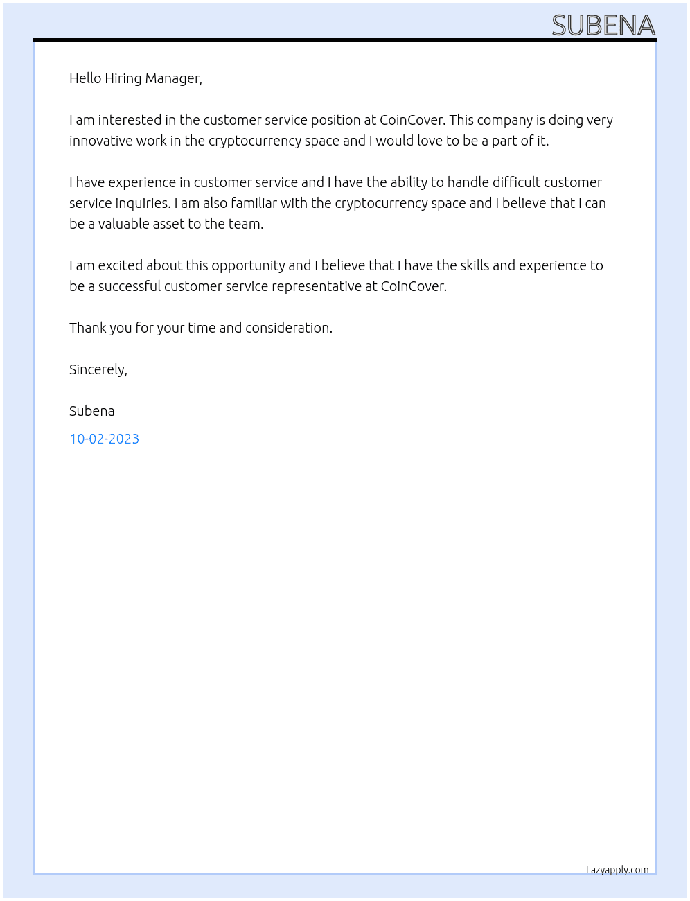 customer service At CoinCover Cover Letter