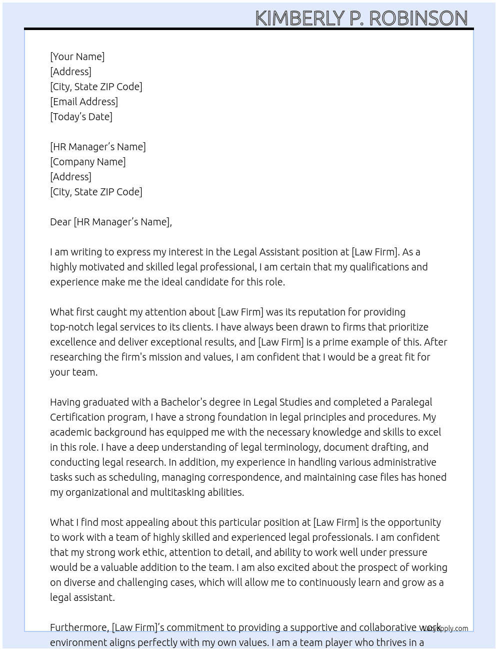 Legal Assistant  At Law Firm  Cover Letter