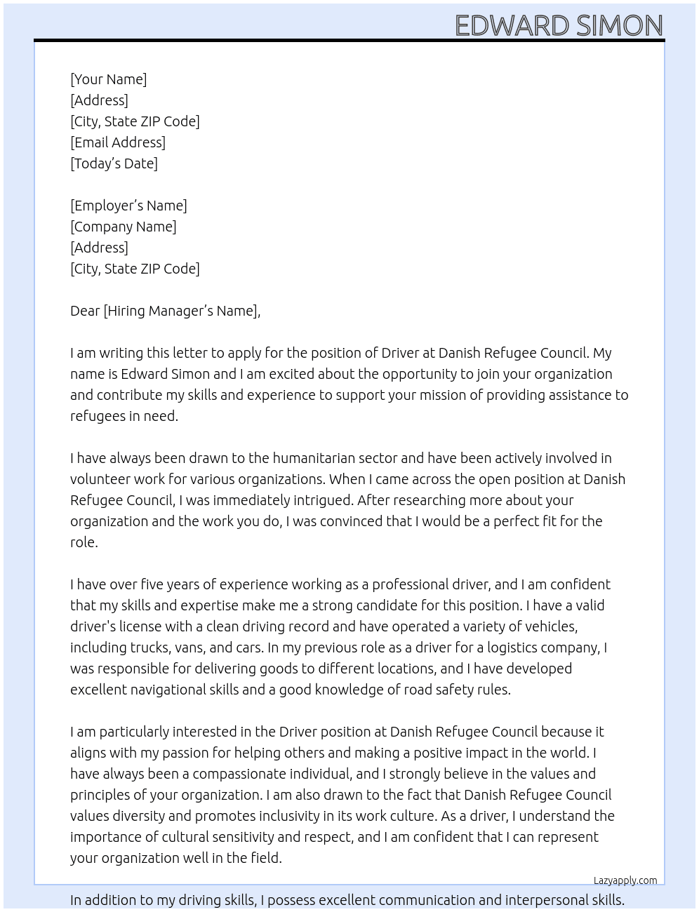 Driver At Danish refugees council Cover Letter