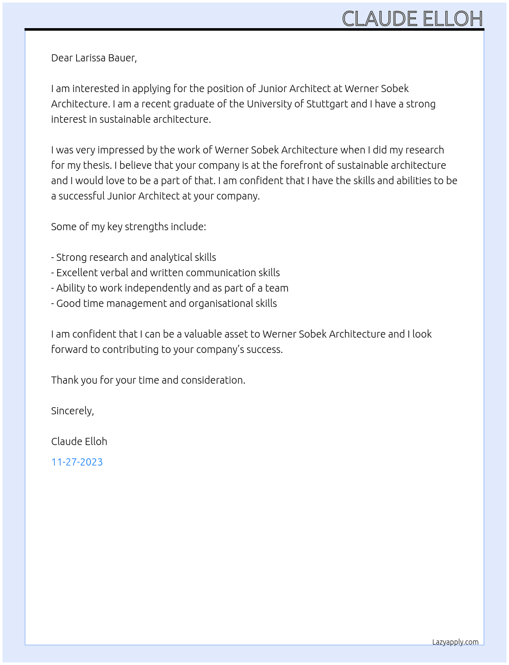 Architecte Junior At Werner Sobek Architecture Cover Letter