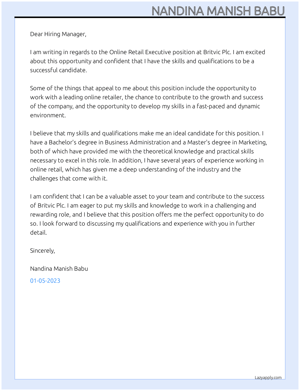 Online Retail Executive At Britvic Plc Cover Letter